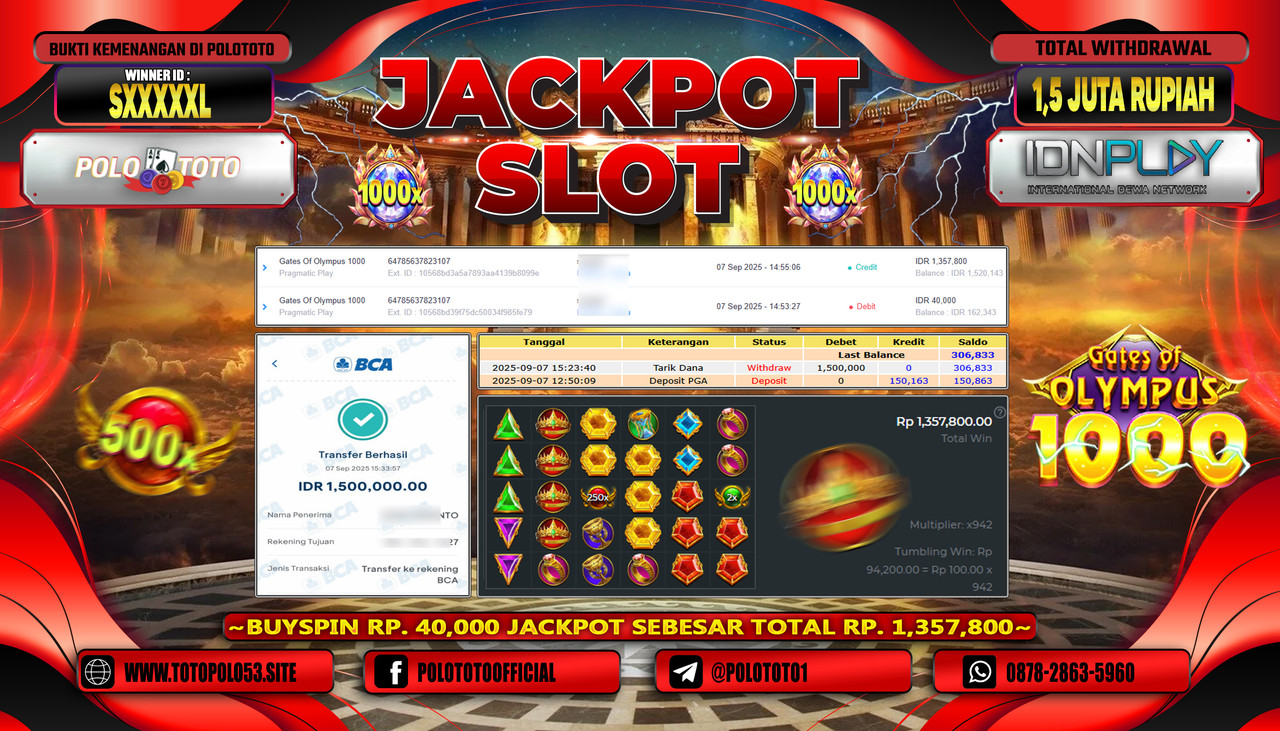 POLOTOTO JACKPOT SLOT GATES OF OLYMPUS 1000 Rp.1.500.000,- LUNAS