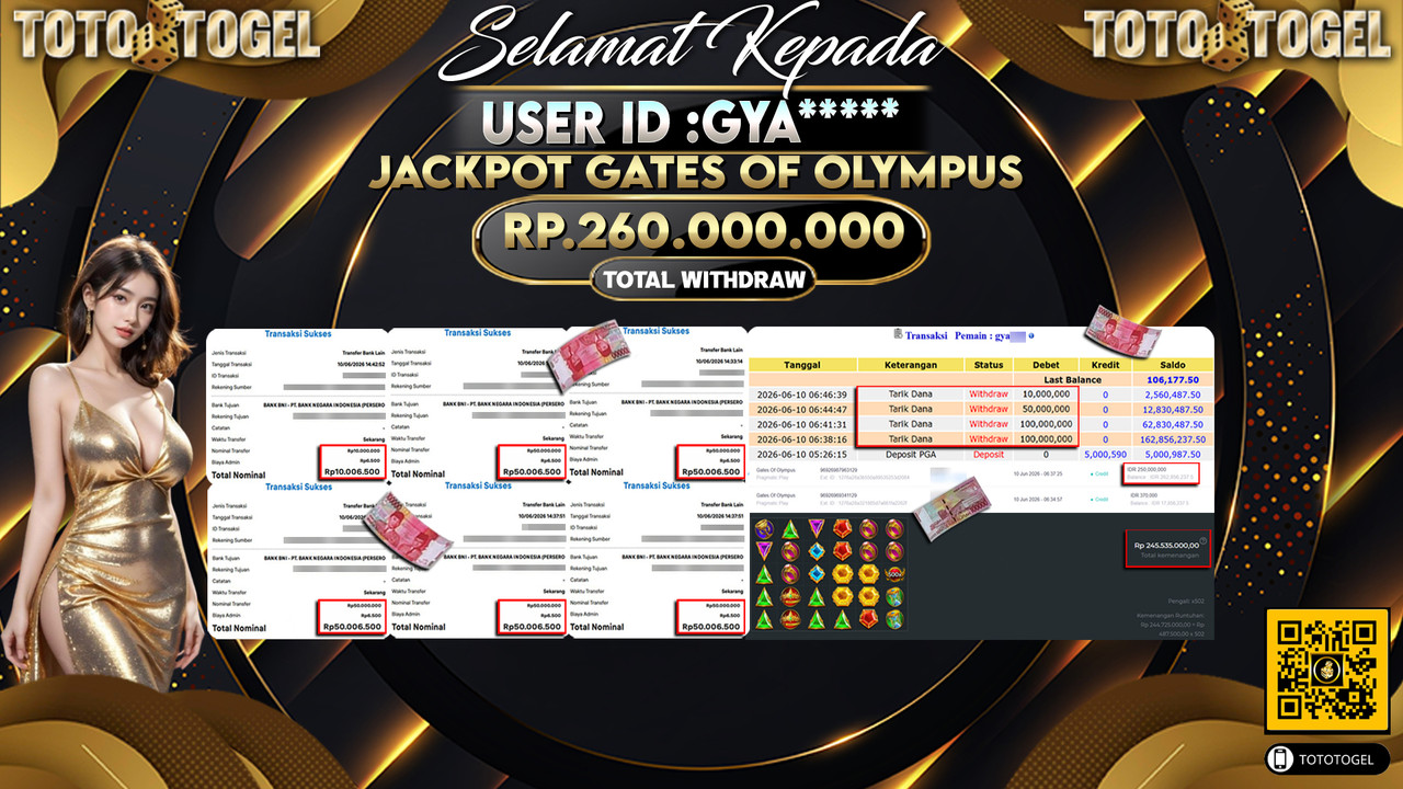 Bukti Pembayaran Jackpot Permainan Slot Gates Of Olympus ID:GYA*****LUNAS
