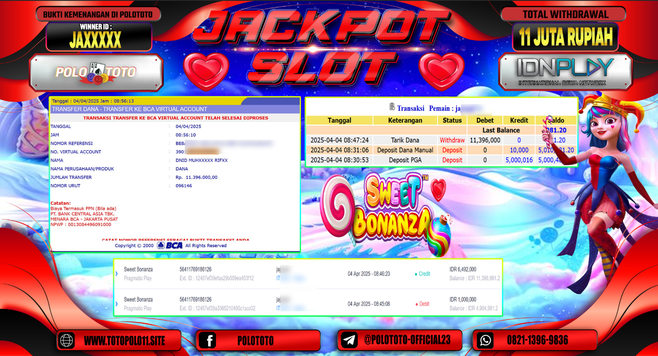 POLOTOTO JACKPOT SLOT SWEET BONANZA   Rp.11.396.000,-