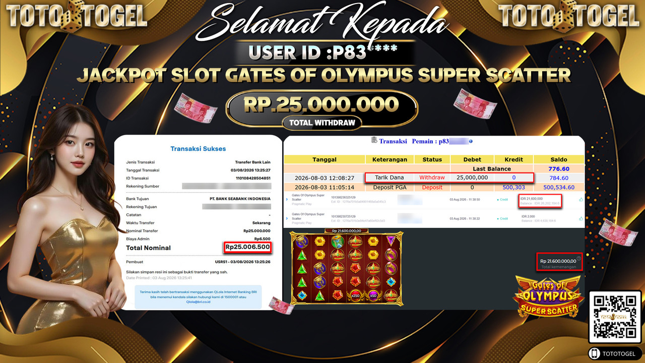 Bukti Pembayaran Jackpot SLOT GATES OF OLYMPUS SUPER SCATTER ID:P83**** LUNAS