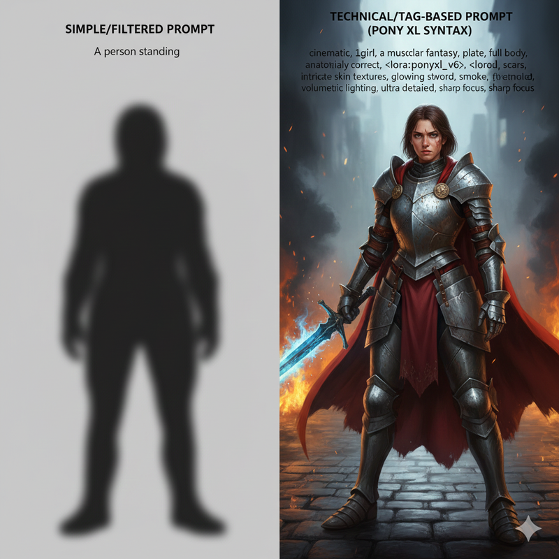 Comparison of a generic filtered AI prompt versus a technical tag-based uncensored prompt