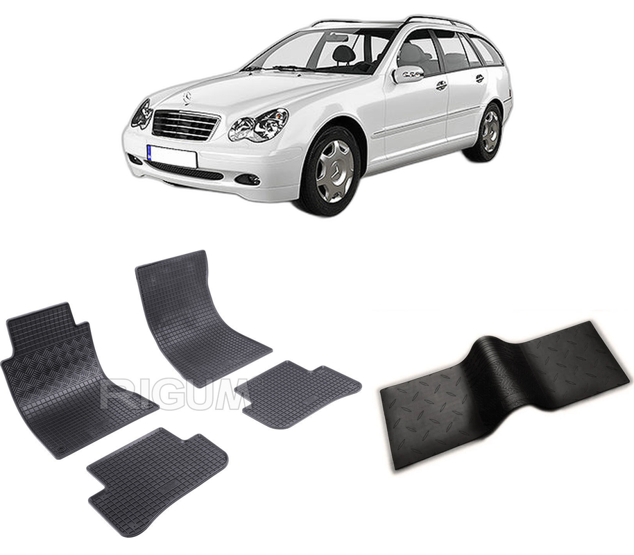 Set covorase auto MERCEDES C-CLASS W203 din 2001-11.2007, cu covoras tunel median, CAROSERIE COMBI, Presuri cauciuc 100%, compatibil cu autoturismul MERCEDES C-CLASS W203, Rigum