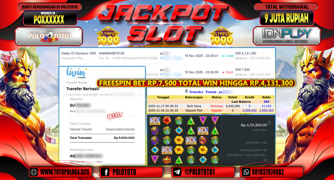 POLOTOTO JACKPOT SLOT GATES OF OLYMPUS 1000 Rp.9.000.000,- LUNAS