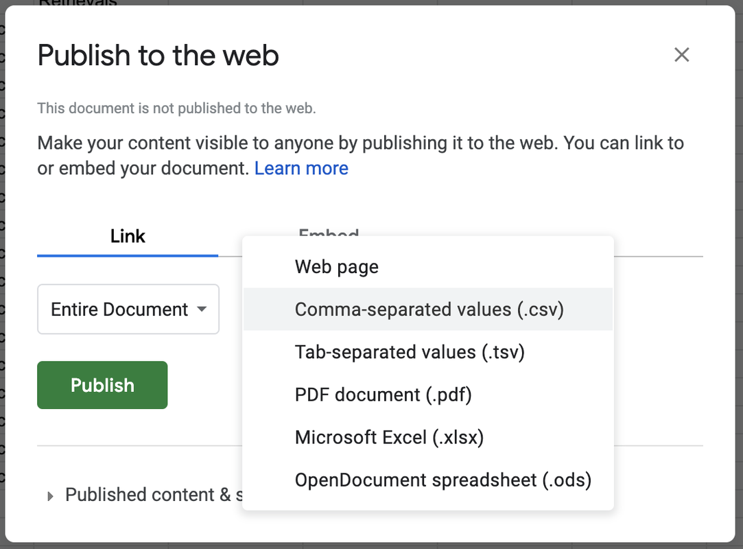 Image of Google Sheet Publish to Web instructions