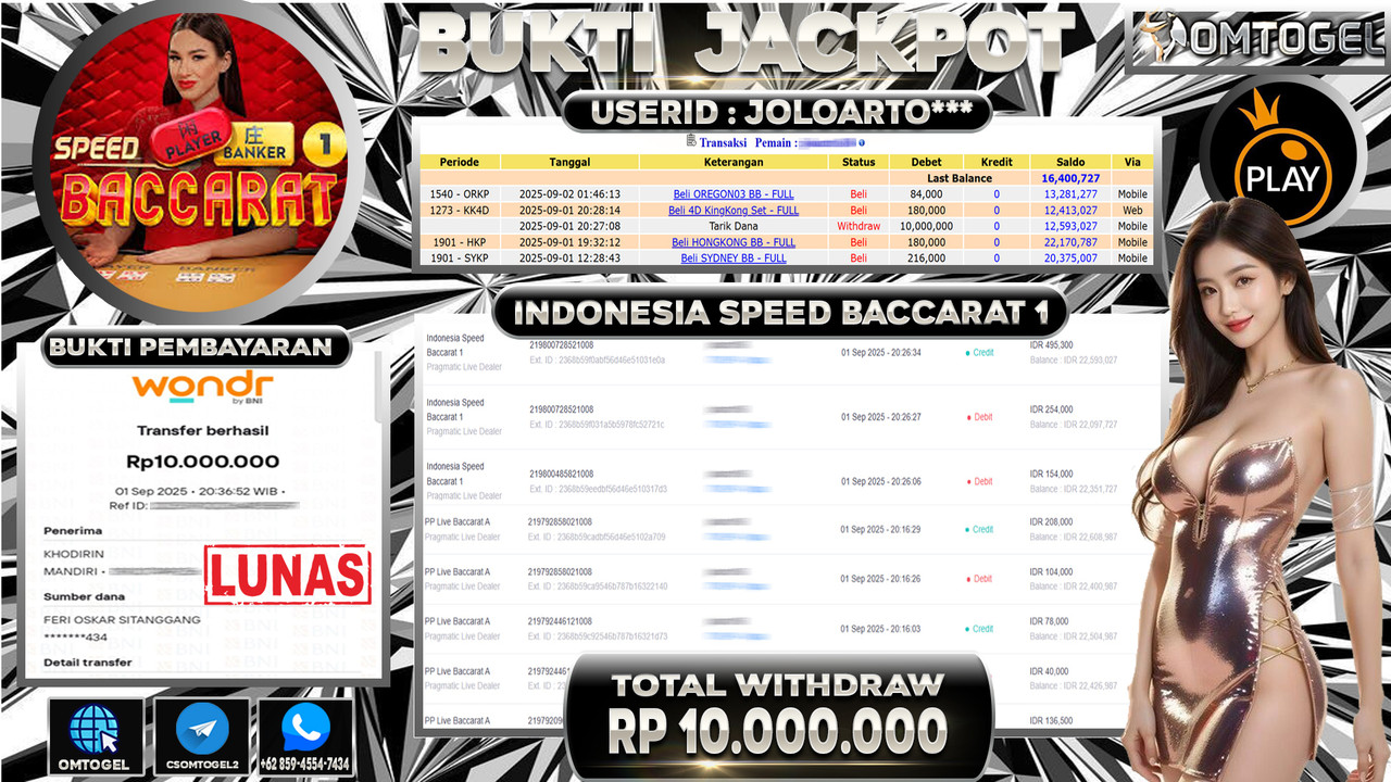 OMTOGEL JACKPOT PRAGMATIC CASINO INDONESIA SPEED BACCARAT 1 10 JUTA DI BAYAR LUNAS ,-