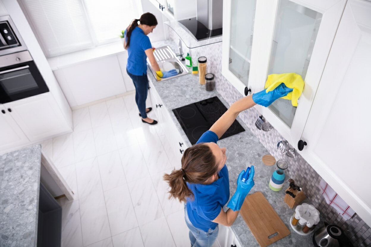 Cleaning technician at work in a residential kitchen