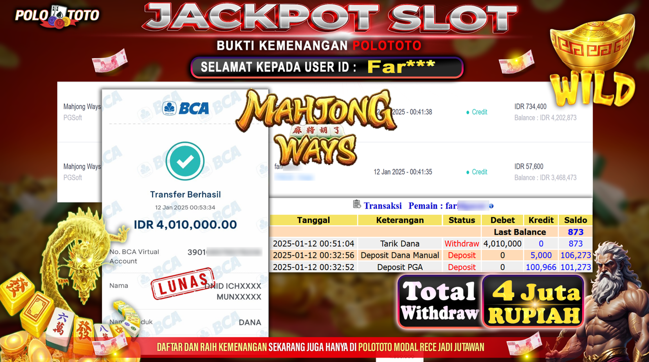 POLOTOTO JACKPOT SLOT MAHJONG WAYS Rp.4,010.000,-