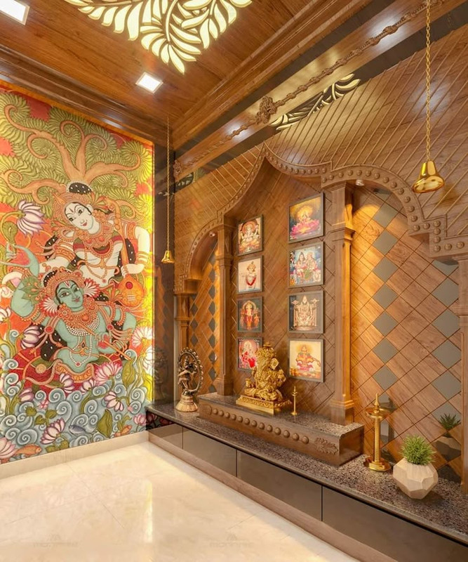 Traditional wooden pooja mandir showcasing detailed craftsmanship and divine charm