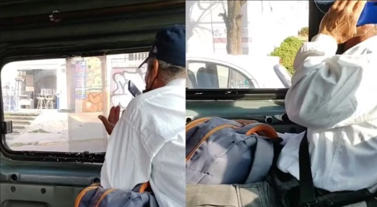 Exponen a un señor hablando con su amate en la combi