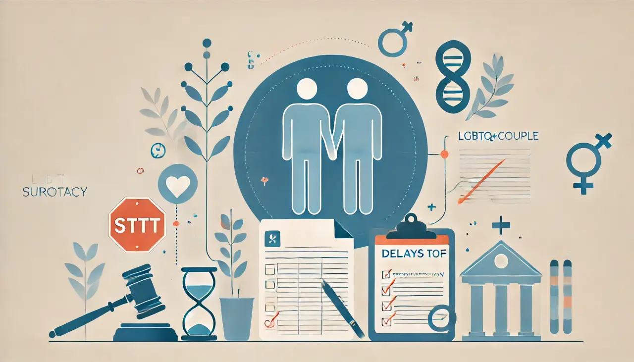 Illustration of LGBTQ+ challenges in Mexican surrogacy, showing legal hurdles and timeline delays.