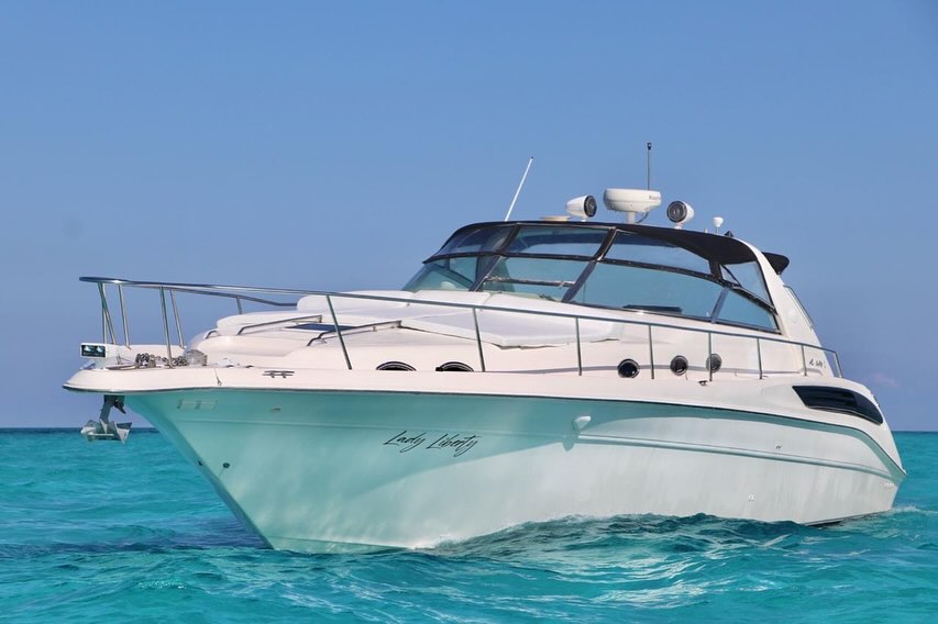 Lady Liberty 46 ft boat charter Cancun - Panoramic view showing spacious deck perfect for Isla Mujeres tours