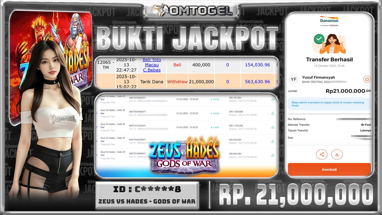 OMTOGEL JACKPOT PRAGMATIC PLAY ZEUS VS HADES - GODS OF WAR 21 JUTA DI BAYAR LUNAS ,-