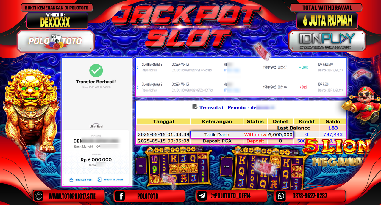 POLOTOTO JACKPOT SLOT 5 LIONS MEGAWAYS 2 Rp.6.000.000,-