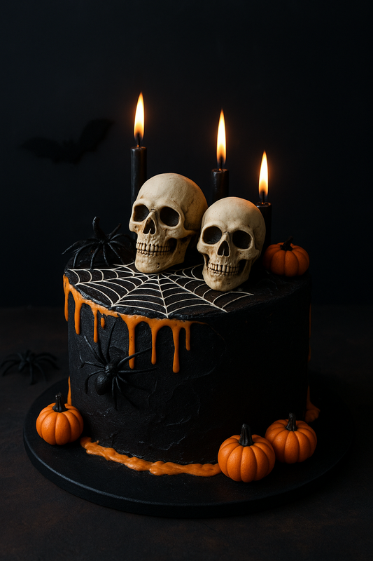 Bolo de Halloween Sombrio com Caveiras e Drip Laranja