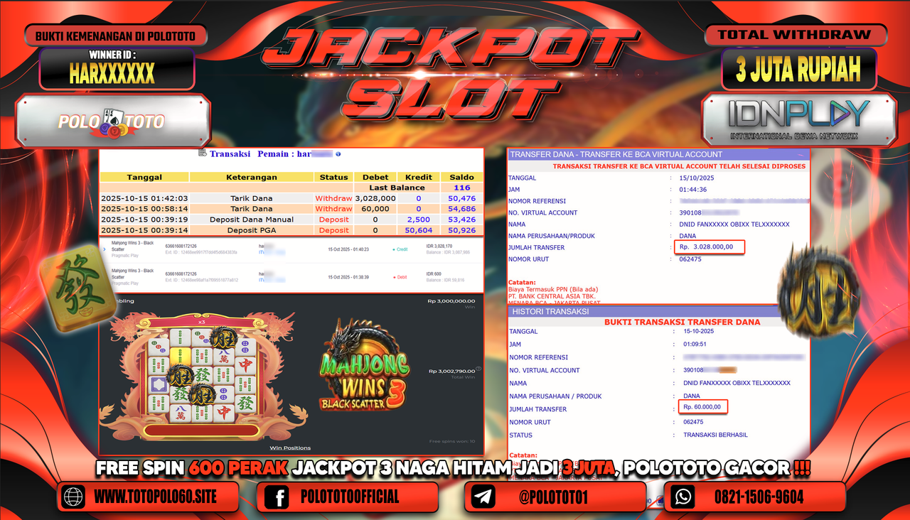 POLOTOTO JACKPOT SLOT MAHJONG WINS 3 - BLACK SCATTER Rp.3.000.000,- LUNAS