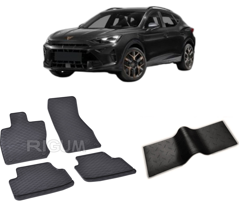 Set covorase auto CUPRA FORMENTOR ETSI din 2020-PREZENT, cu covoras tunel median, CAROSERIE SUV, Presuri cauciuc 100%, compatibil cu autoturismul CUPRA FORMENTOR ETSI, Rigum