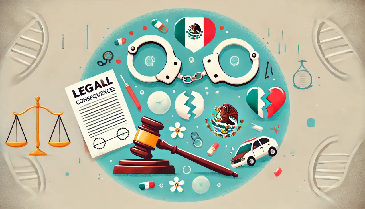 Illustration of legal consequences for violating surrogacy laws in Mexico, including criminal risks and broken contracts.