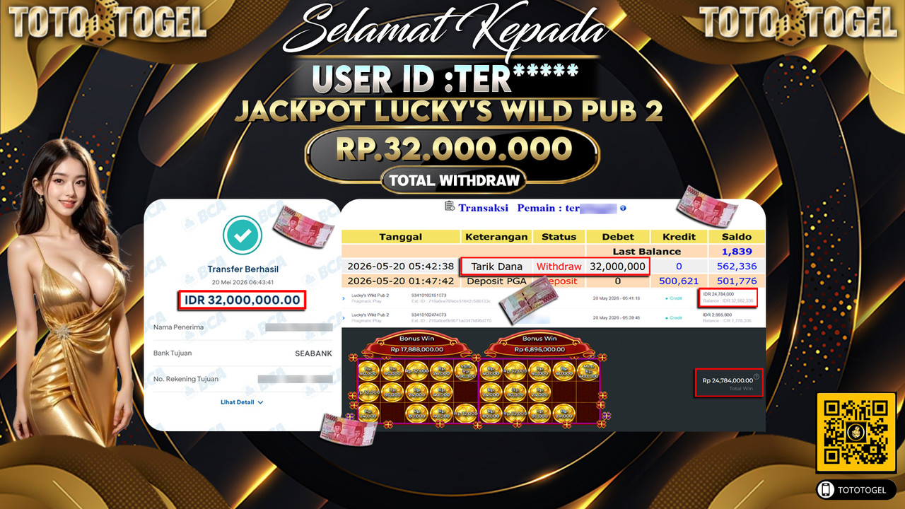 Bukti Pembayaran Jackpot Permainan Slot Lucky S Wild Pub 2 ID:TER***** LUNAS