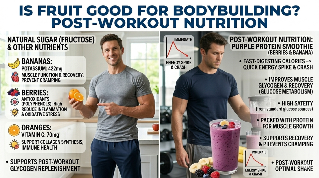 Purple protein smoothie with berries and banana for post-workout nutrition for is fruit good for bodybuilding