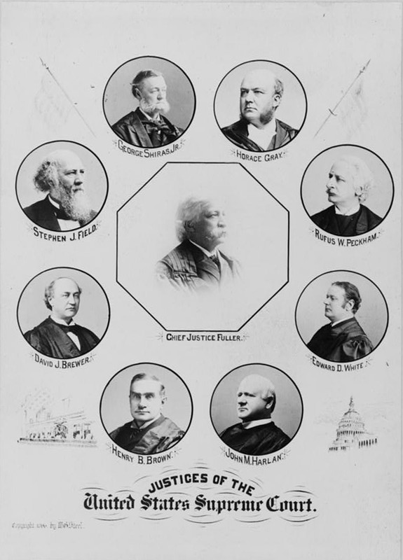 A compiled portrait of the nine Supreme Court justices in 1896. Of the nine, Justice David Brewer did not participate in Plessy v. Ferguson.