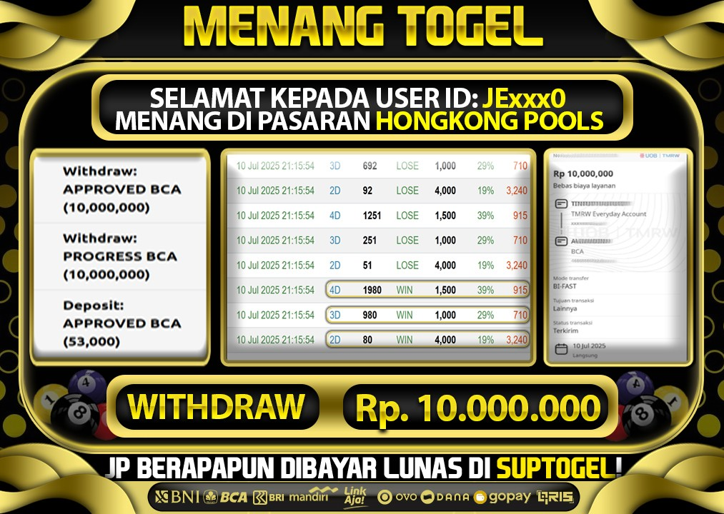  BUKTI KEMENANGAN 10 JULY 2025 MENANG DI PASARAN HONGKONG POOLS TOTAL WD 10 JUTA