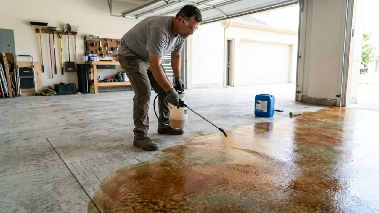 Contractor applying acid stain to a San Antonio garage floor
