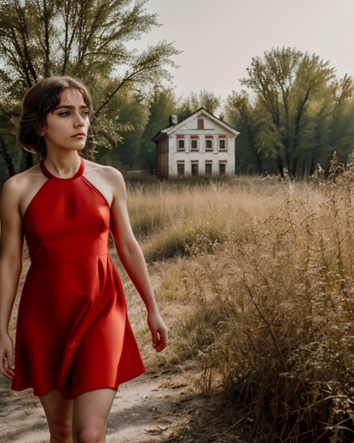 00172-524093045-0542-(AlSe_0.7), A woman in a red dress, action scene, outdoors, old soviet town _lo