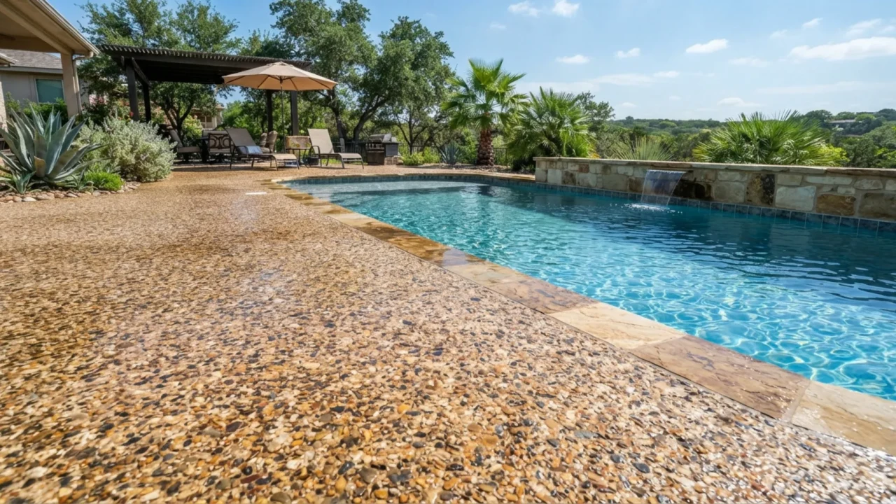 Exposed aggregate pool deck overlay resurfacing San Antonio Bexar County