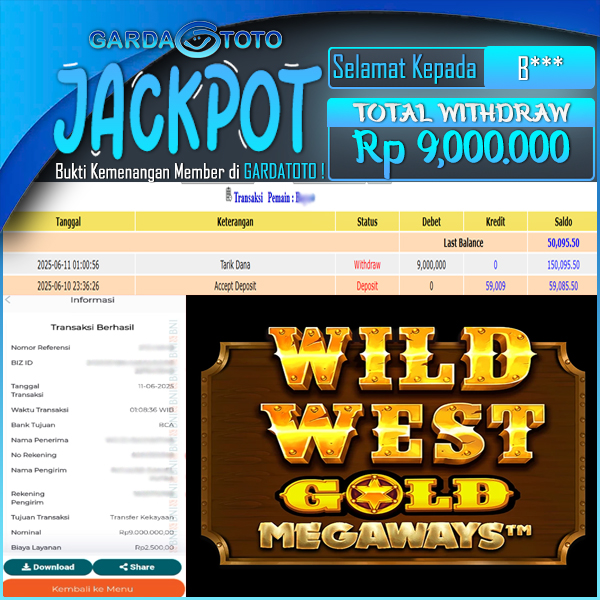 JACKPOT DI PERMAINAN  SLOT PRAGMATIC PLAY WILD WEST GOLD WD Rp 9.000.000,- DIBAYAR LUNAS GARDATOTO MANTAP !