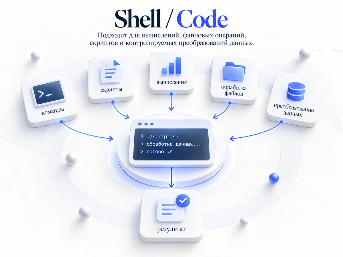 Схема Shell и Code Execution: команды, скрипты, вычисления, обработка файлов и преобразование данных