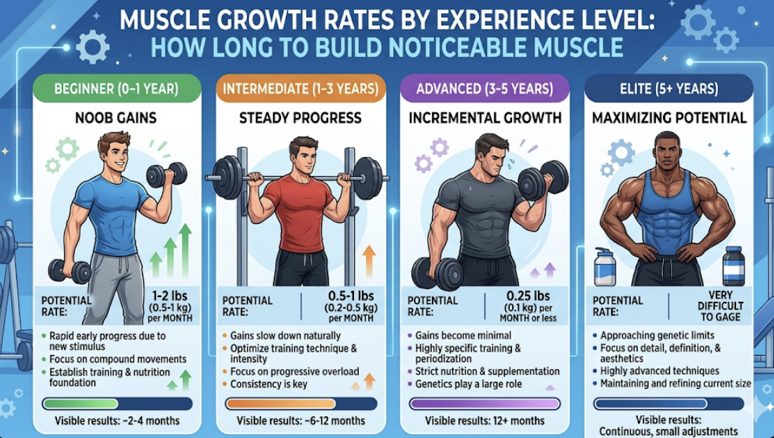 Diagram showing factors affecting muscle growth timeline including training consistency, nutrition, protein intake, sleep, and recovery