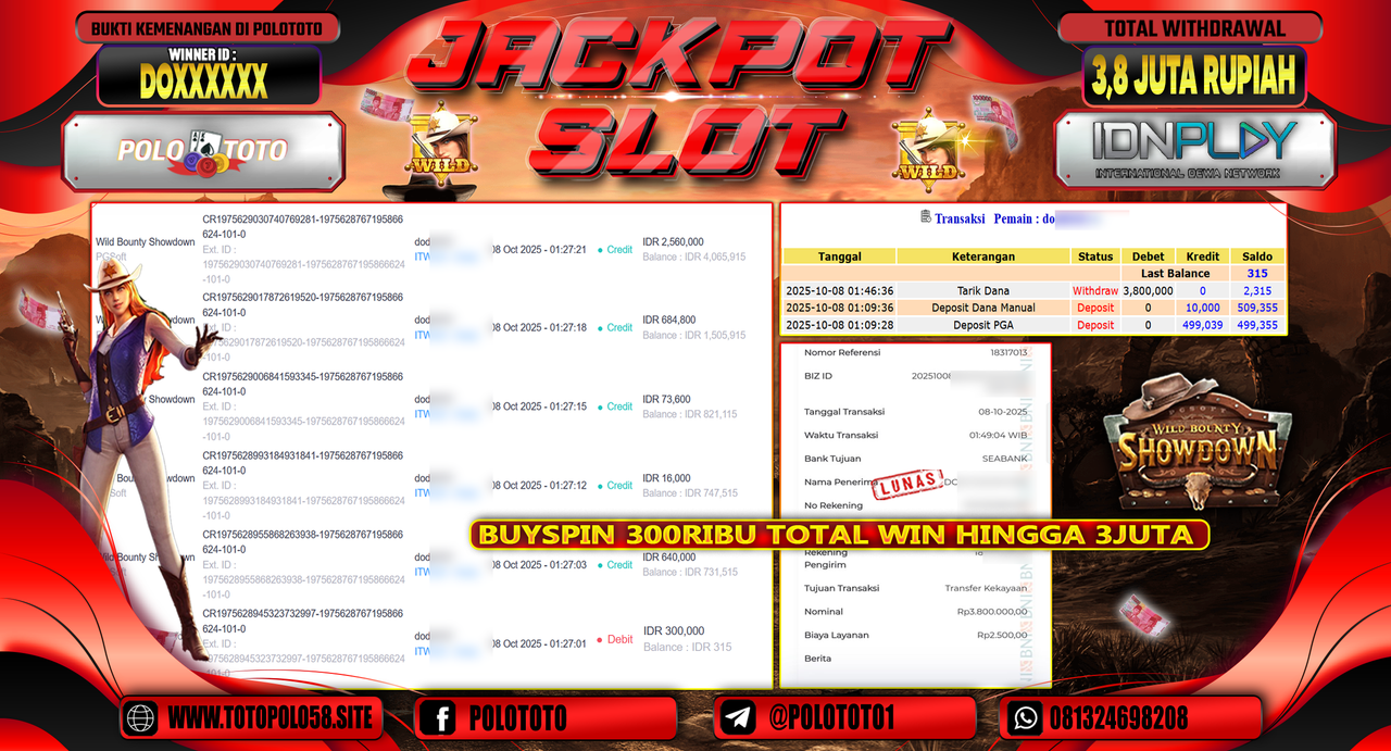 POLOTOTO JACKPOT SLOT WILD BOUNTHY SHOWDOWN Rp.3.800.000,- LUNAS