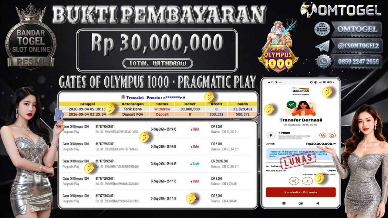 OMTOGEL JACKPOT PRAGMATIC PLAY GATES OF OLYMPUS 1000 Rp.30,000,000,- DIBAYAR LUNAS 