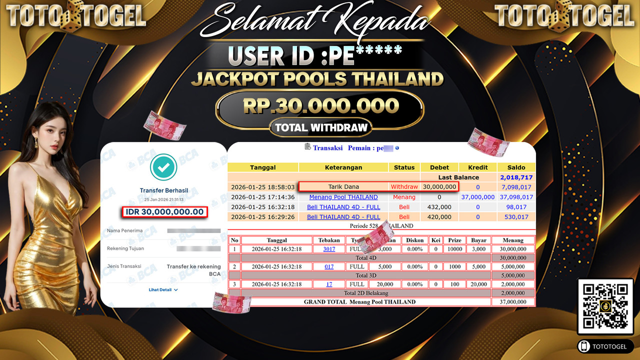 Bukti Pembayaran Jackpot Permainan Togel Pools Thailand ID:PE*****LUNAS