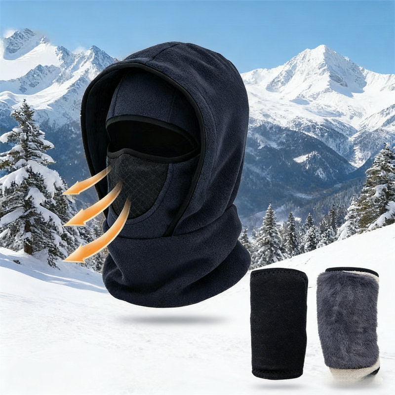 Windproof Thermal Rider Protection Set - 2 Pack Faux Rabbit Fur Knee Braces & Dark Blue Fleece Balaclava Hood Outdoor Sports Warmth Bundle