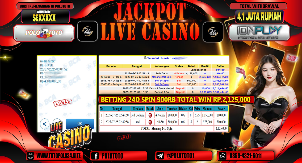 POLOTOTO JACKPOT LIVE CASINO MENANG 24D SPIN Rp.4.100.000,-LUNAS