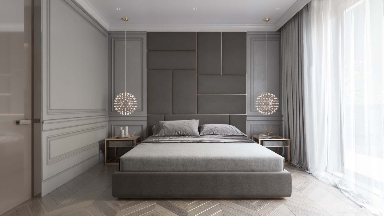 Modern Grey Bedroom Wall Design With 3D Wall Panelling
