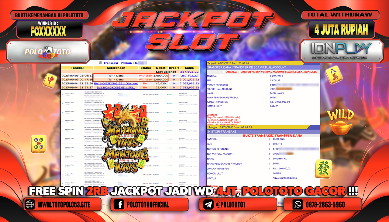 POLOTOTO JACKPOT SLOT MAHJONG WAYS Rp.4.000.000,-
