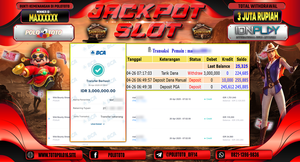 POLOTOTO JACKPOT SLOT WILD BOUNTY SHOWDOWN Rp.3.000.000,-