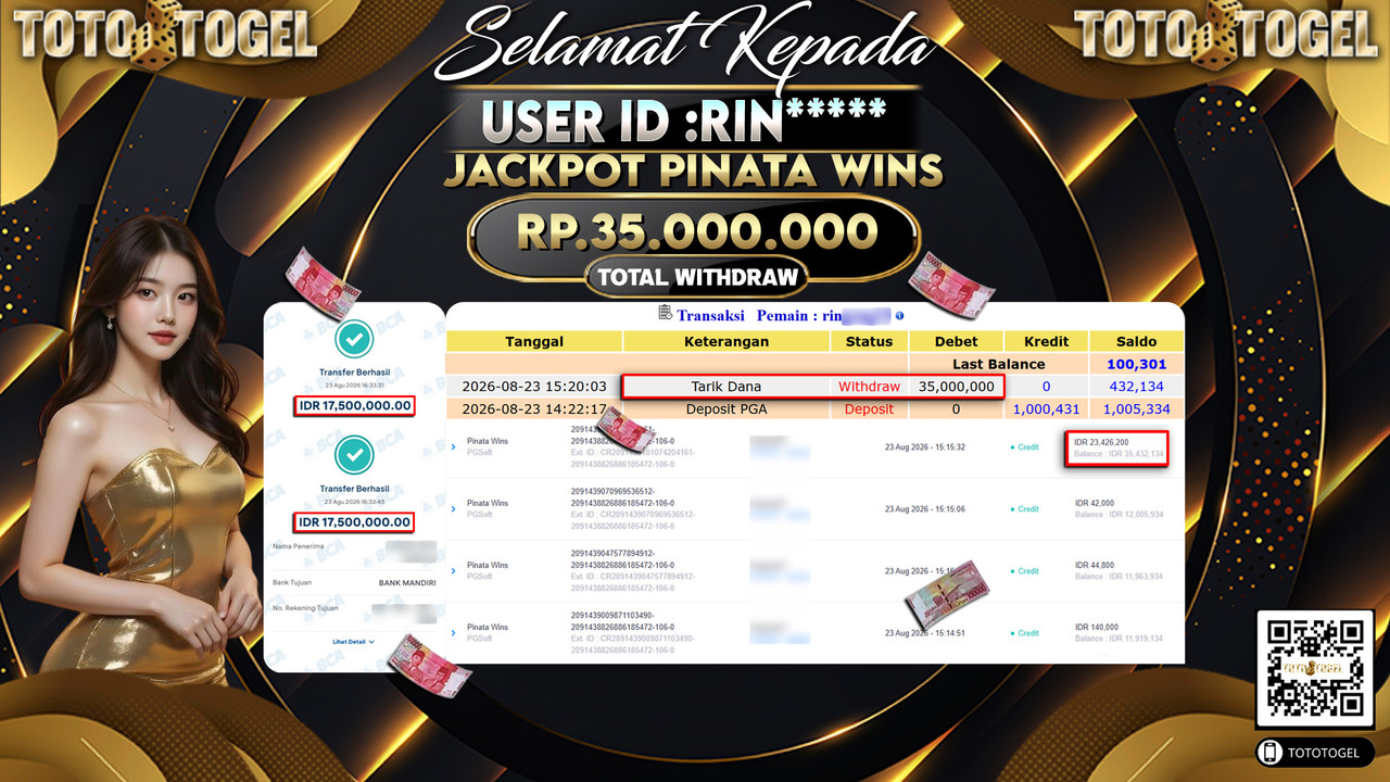 Bukti Pembayaran Jackpot Slot Pinata Wins ID:RIN*****LUNAS
