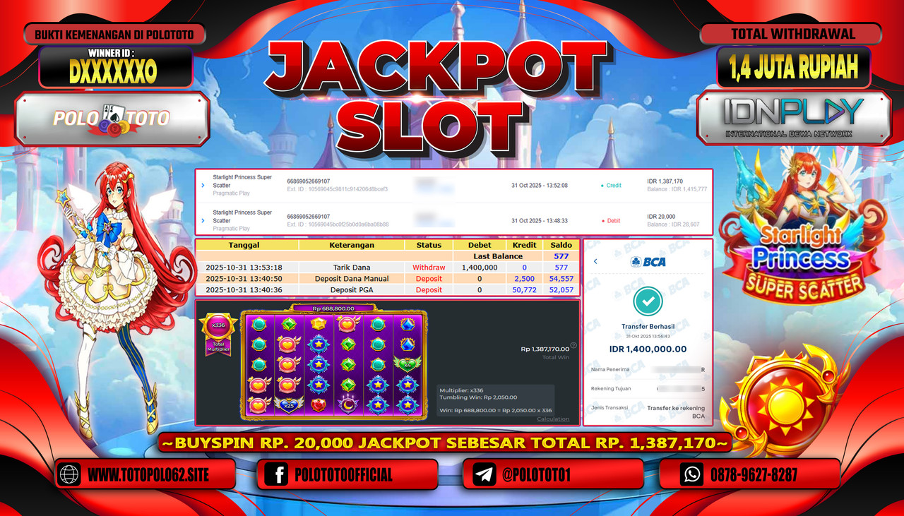 POLOTOTO JACKPOT SLOT STARLIGHT PRINCESS SUPER SCATTER Rp.1.400.000,- LUNAS