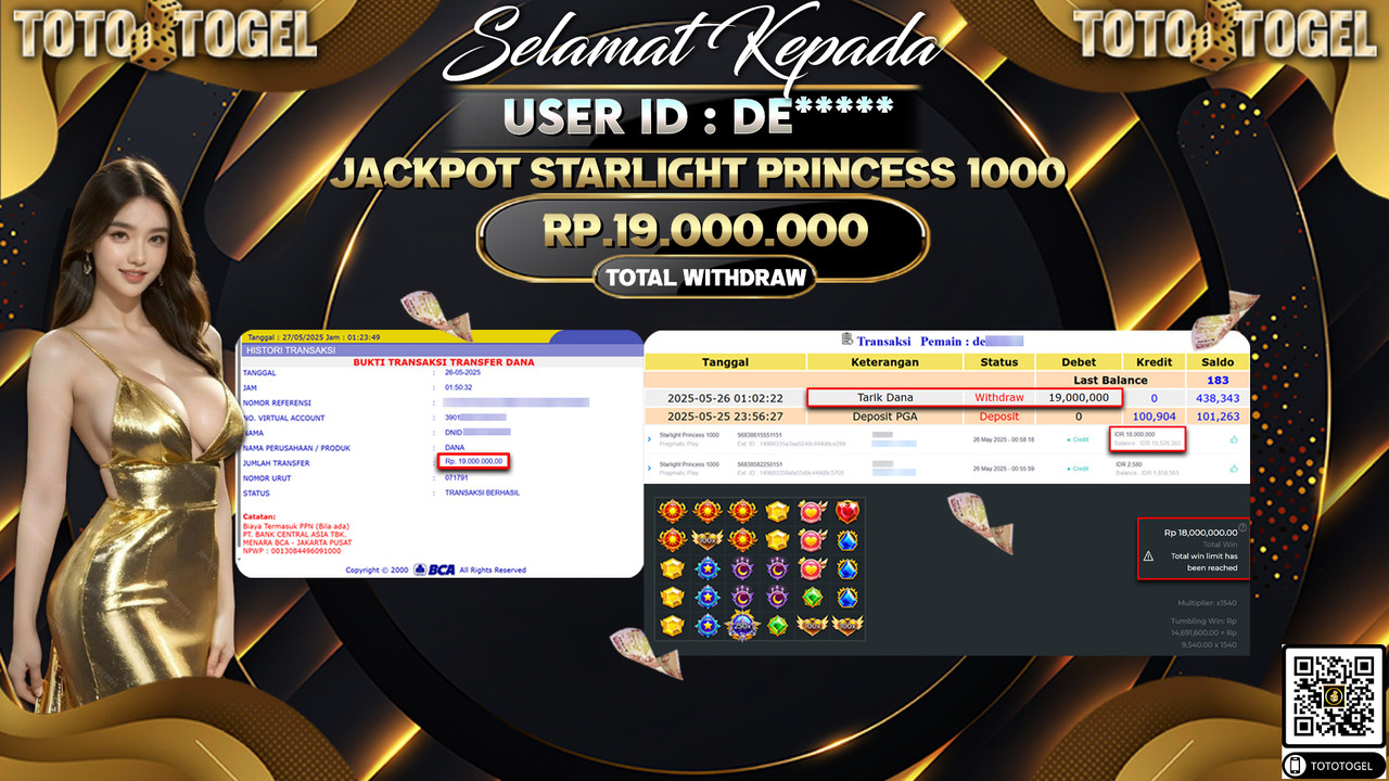 Bukti Pembayaran Jackpot Permainan Slot Starlight Princess 1000 ID:DE***** LUNAS