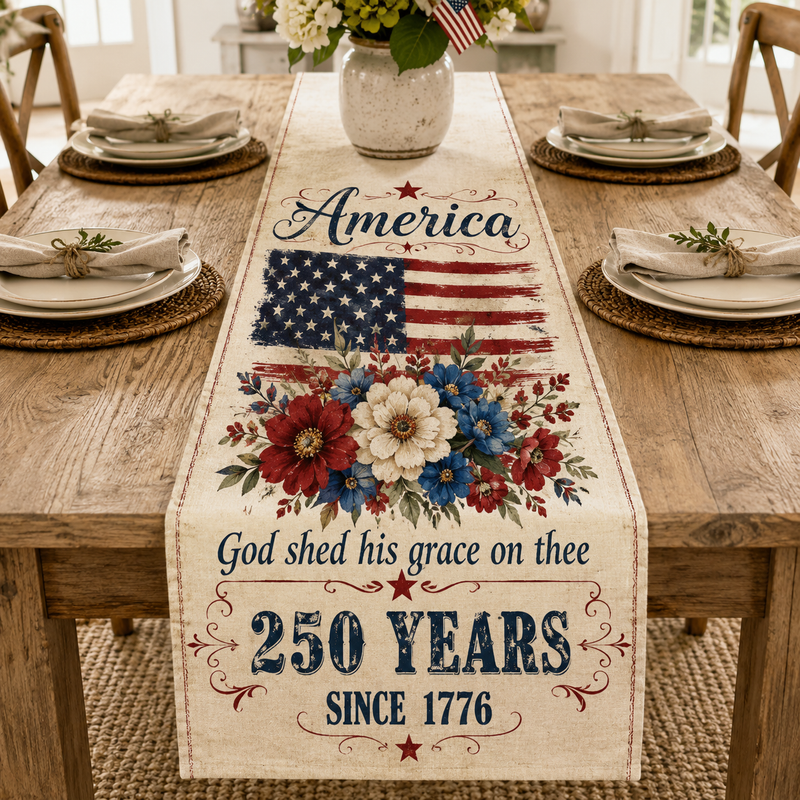 ETR2600520020 God Shed His Grace On Thee Table Runner 4th Of July Christian Decor Patriotic Woman Gi