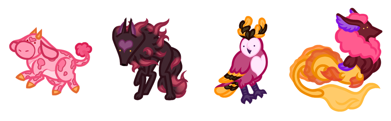 A lineup of four stylized creatures: Damoo, a pink cow with yellow horns and hooves; Doom, a dark violet fox with magenta "wisps" of fur on their tail and neck fluff; Radiance, a pink barn owl with yellow wings and a tail; and Levia, a dark red dragon-like creature with its bottom half being an eel-fish hybrid, it has a magenta mane, purple wings, and a golden yellow tail.