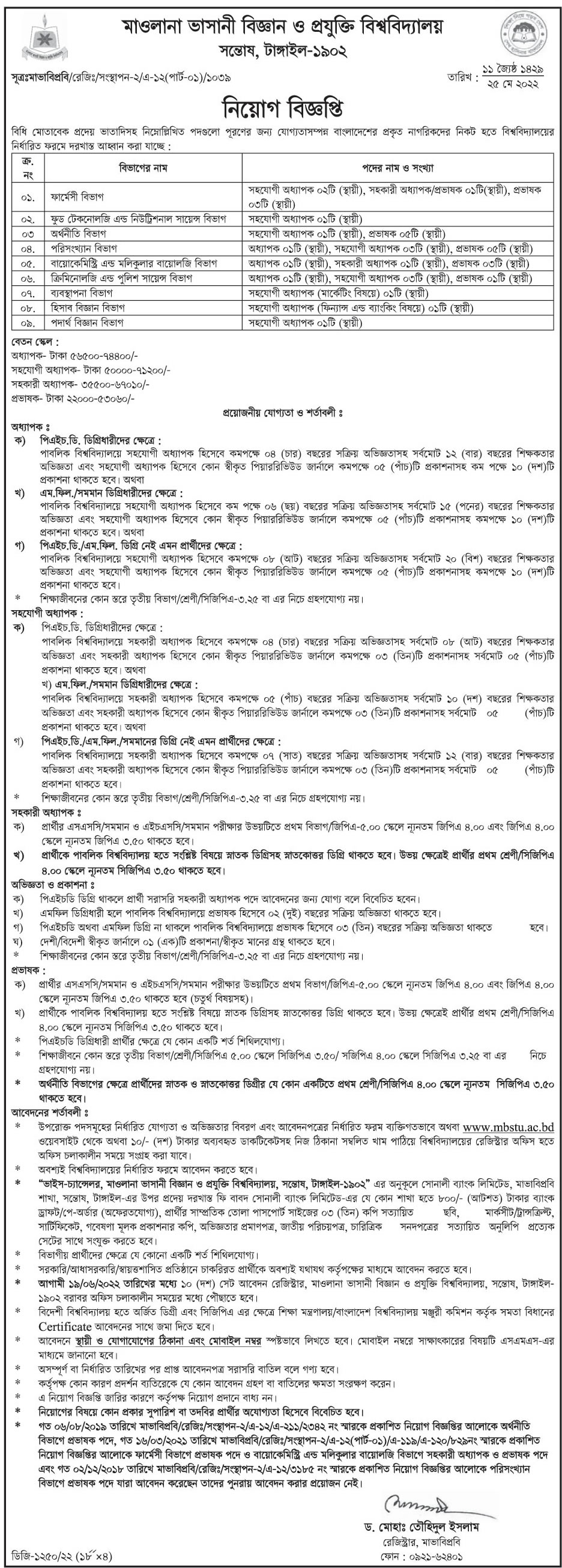 MBSTU Job Circular 2022