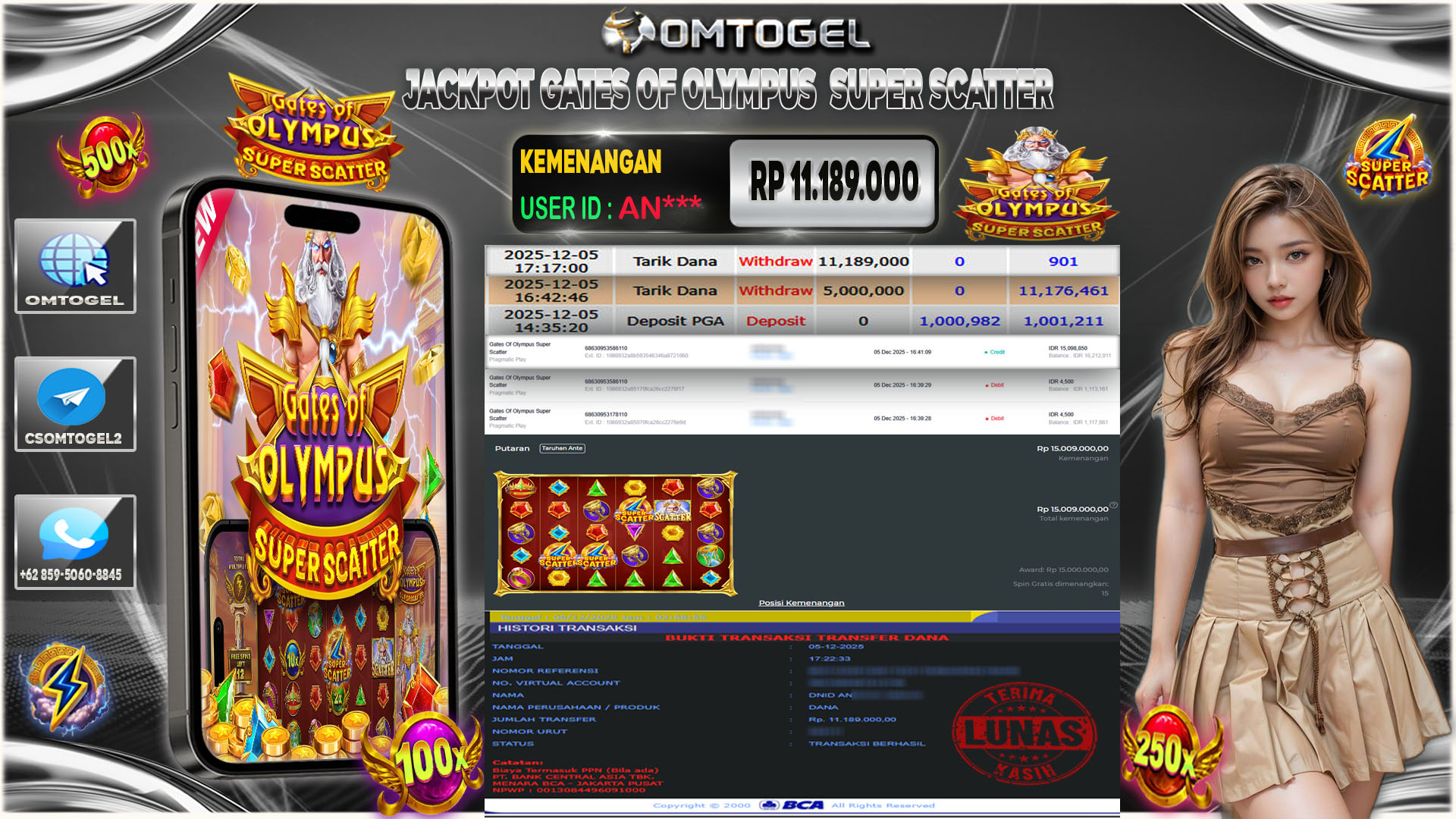 OMTOGEL JACKPOT PRAGMATIC PLAY GATES OF OLYMPUS SUPER SCATTER , 11 JUTA DI BAYAR LUNAS ,-