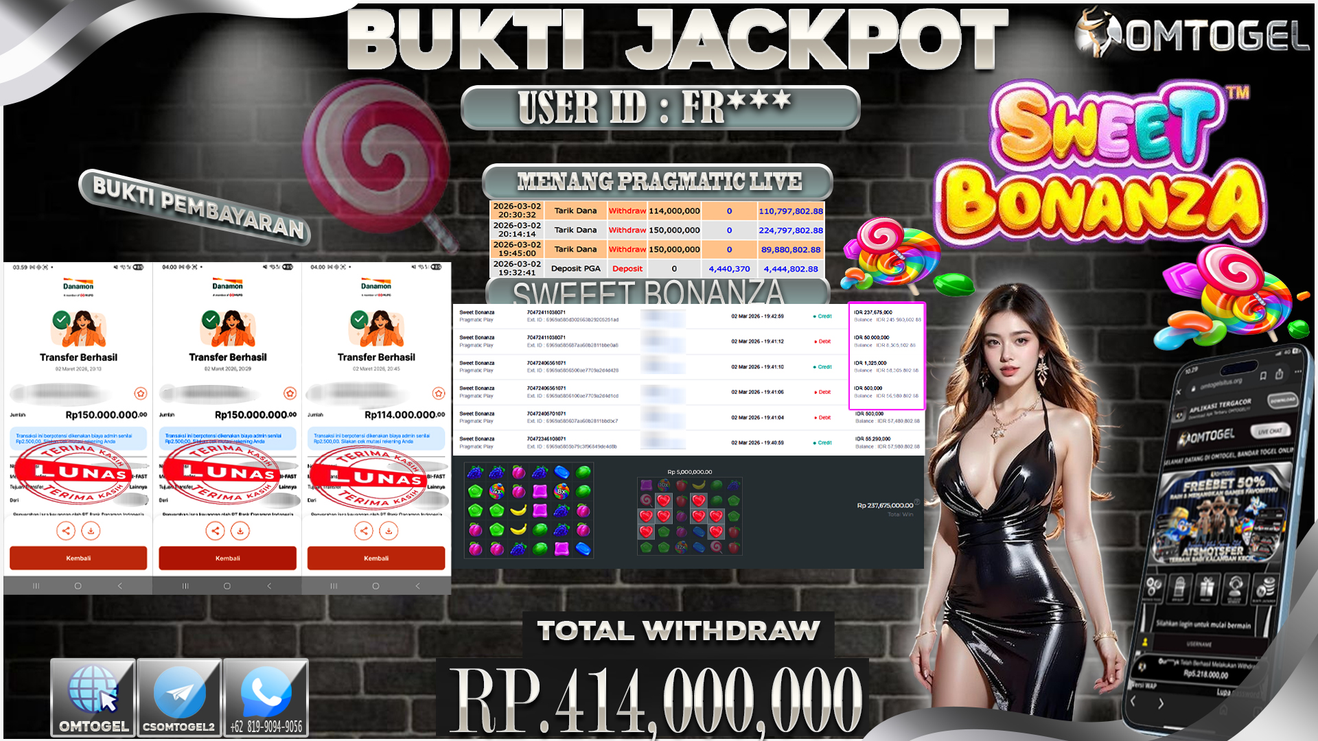 OMTOGEL JACKPOT PRAGMATIC PLAY SWEET BONANZA, 414 JUTA DI BAYAR LUNAS ,-