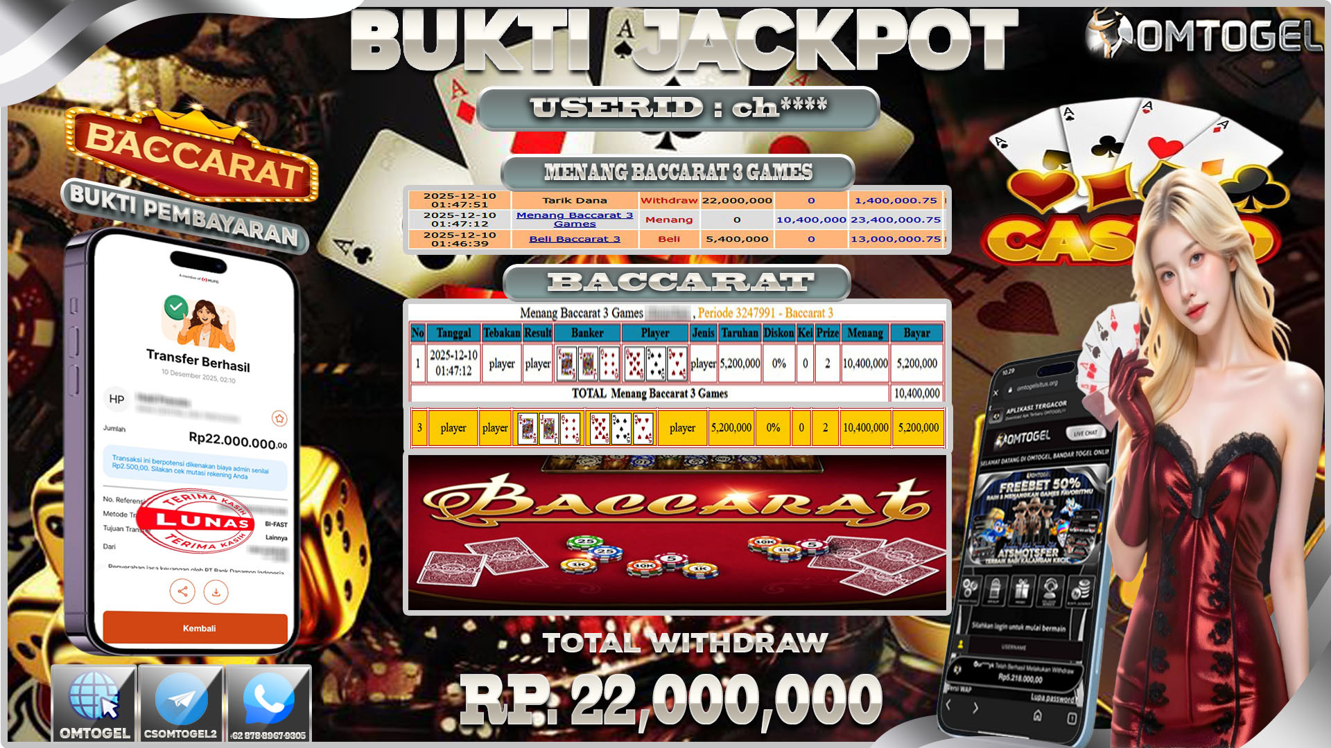 OMTOGEL JACKPOT LIVE GAMES BACCARAT,22 JUTA DI BAYAR LUNAS ,-
