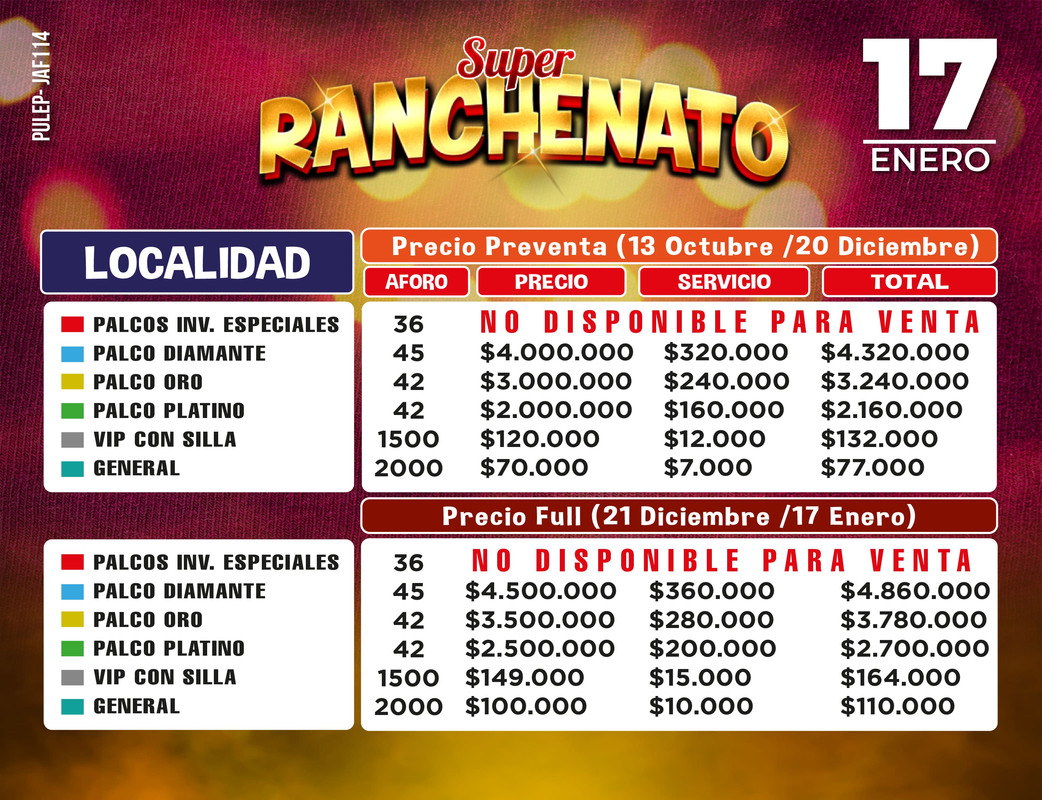 Tabla de precios y localidades para el Super Ranchenato en San Luis de Gaceno