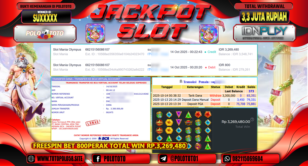 POLOTOTO JACKPOT SLOT MANIA OLYMPUS Rp.3.300.000,- LUNAS
